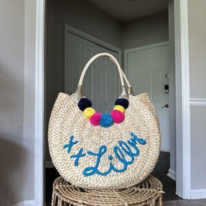 NEW Lilly Pulitzer POSITANO STRAW TOTE Natural Too Deep Pom Pom Blue Pink Yellow